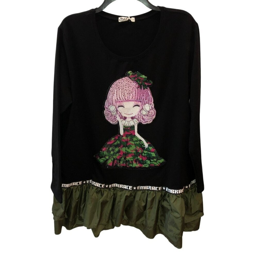 New SGYY 4XL Black Sequins Embellished Embrace Long Sleeve Mixed Media Top Shirt